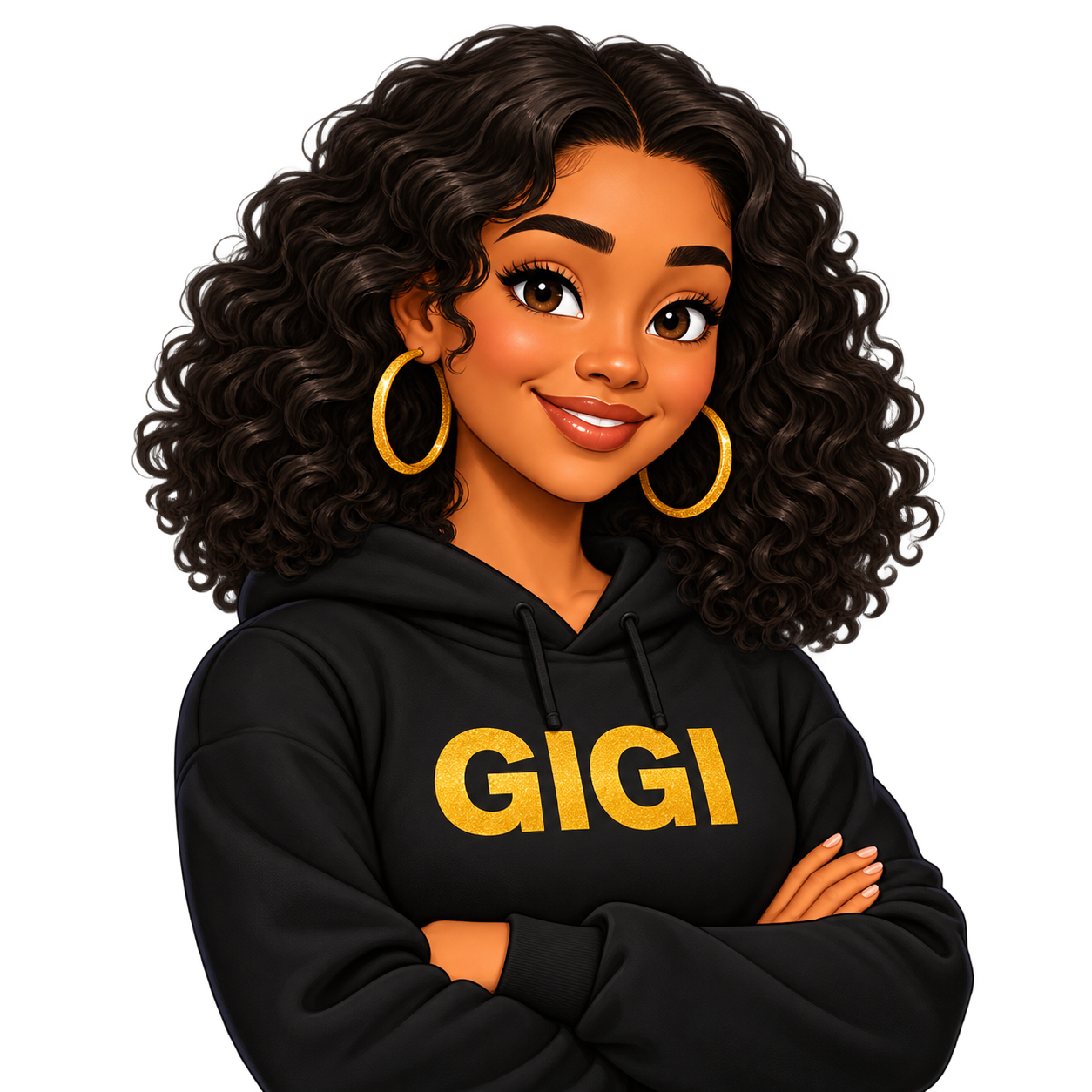 GiGi, smiling with her arms folded in her black GiGi hoodie